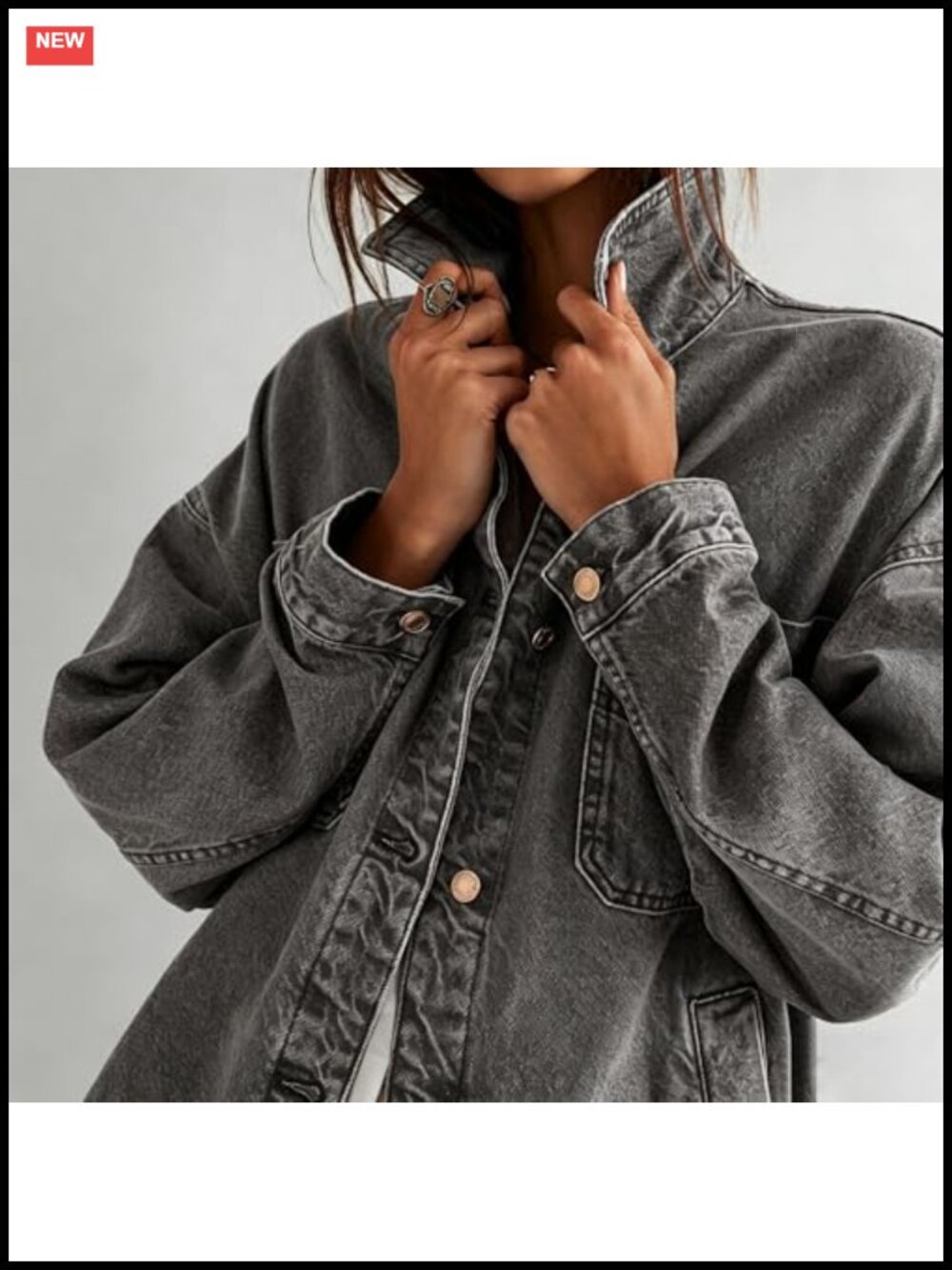 Oversized Embroidered Denim Jacket Button Down Loose Fit Casual Jean Jacket - Picture 2 of 6